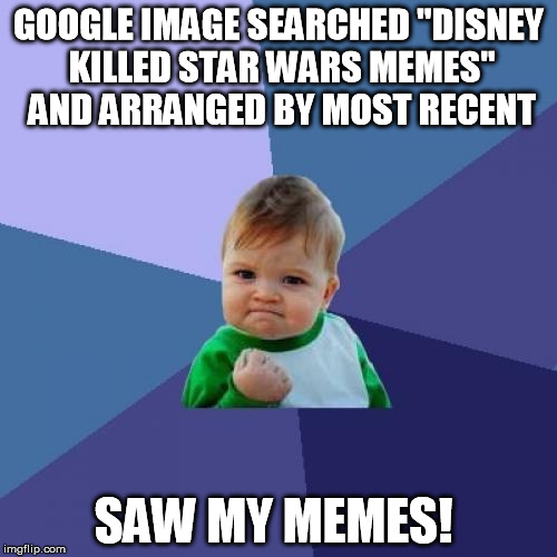 It was awesome! | GOOGLE IMAGE SEARCHED "DISNEY KILLED STAR WARS MEMES" AND ARRANGED BY MOST RECENT SAW MY MEMES! | image tagged in memes,success kid,disney killed star wars,true star wars fan | made w/ Imgflip meme maker