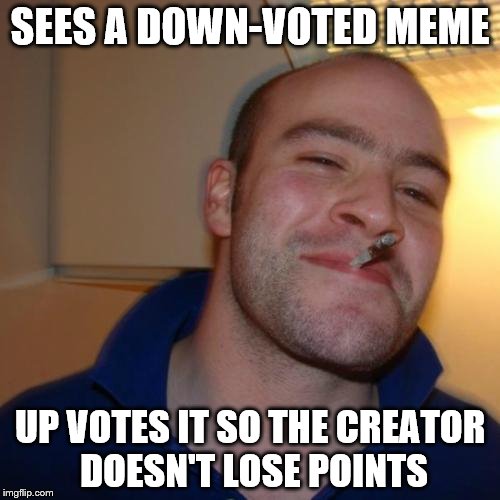 Good Guy Greg Meme | SEES A DOWN-VOTED MEME UP VOTES IT SO THE CREATOR DOESN'T LOSE POINTS | image tagged in memes,good guy greg | made w/ Imgflip meme maker