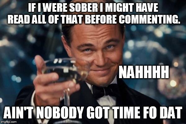 Leonardo Dicaprio Cheers Meme | IF I WERE SOBER I MIGHT HAVE READ ALL OF THAT BEFORE COMMENTING. AIN'T NOBODY GOT TIME FO DAT NAHHHH | image tagged in memes,leonardo dicaprio cheers | made w/ Imgflip meme maker