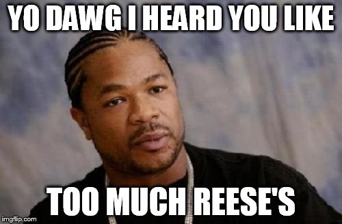 Serious Xzibit Meme | YO DAWG I HEARD YOU LIKE TOO MUCH REESE'S | image tagged in memes,serious xzibit | made w/ Imgflip meme maker