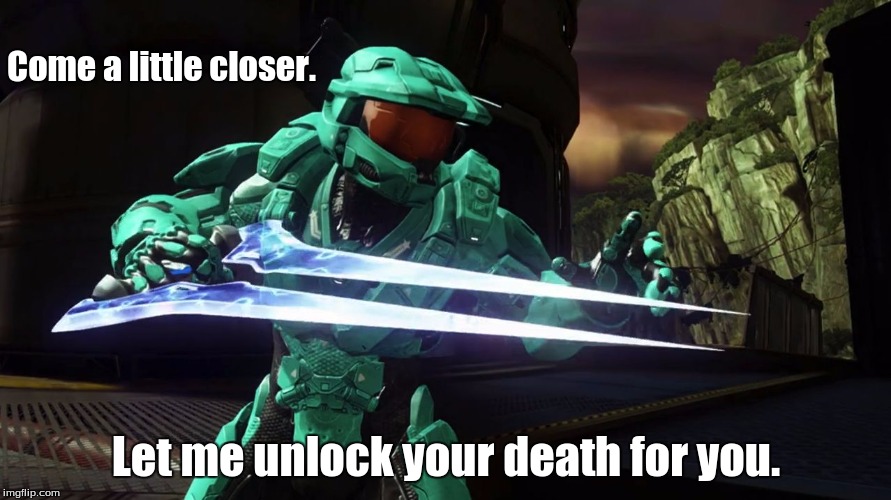A one-liner from Capt. Lavernius Tucker | Come a little closer. Let me unlock your death for you. | image tagged in capt tucker rvb | made w/ Imgflip meme maker