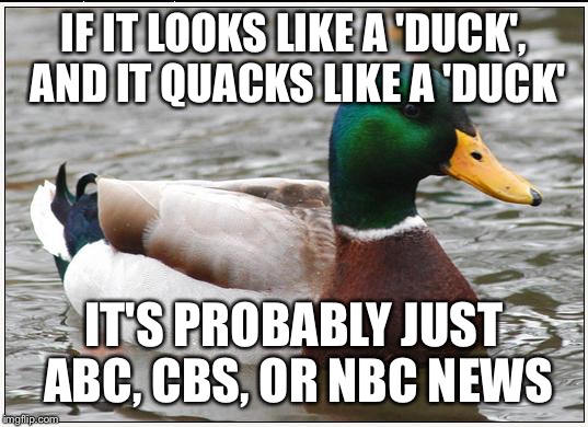 Drive By Media | IF IT LOOKS LIKE A 'DUCK', AND IT QUACKS LIKE A 'DUCK' IT'S PROBABLY JUST ABC, CBS, OR NBC NEWS | image tagged in memes,actual advice mallard,abc,cbs,nbc,news | made w/ Imgflip meme maker