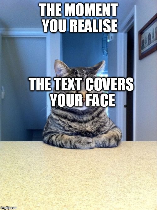 Take A Seat Cat Meme | THE MOMENT YOU REALISE THE TEXT COVERS YOUR FACE | image tagged in memes,take a seat cat | made w/ Imgflip meme maker