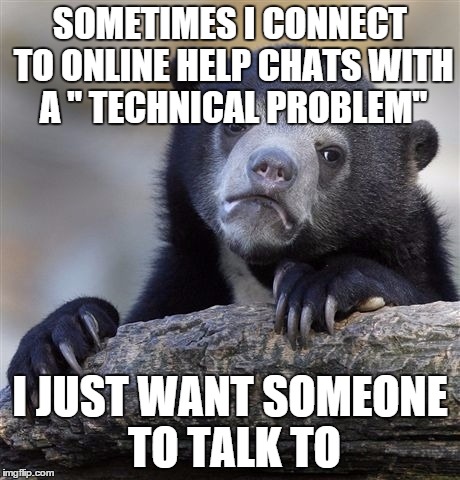 Confession Bear Meme | SOMETIMES I CONNECT TO ONLINE HELP CHATS WITH A " TECHNICAL PROBLEM" I JUST WANT SOMEONE TO TALK TO | image tagged in memes,confession bear | made w/ Imgflip meme maker