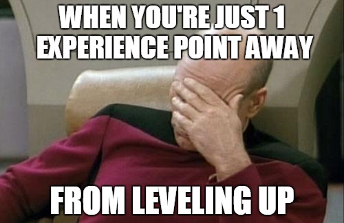 Captain Picard Facepalm Meme | WHEN YOU'RE JUST 1 EXPERIENCE POINT AWAY FROM LEVELING UP | image tagged in memes,captain picard facepalm | made w/ Imgflip meme maker