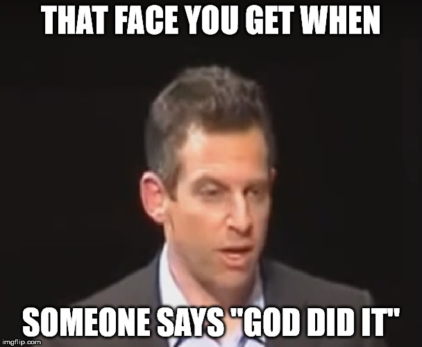 Harris | THAT FACE YOU GET WHEN SOMEONE SAYS "GOD DID IT" | image tagged in belief | made w/ Imgflip meme maker