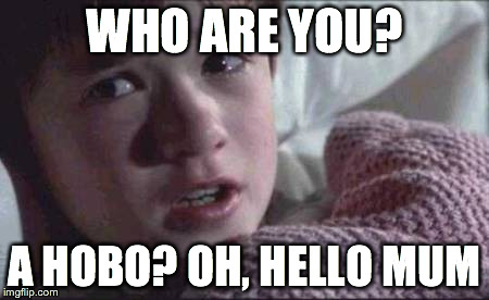 I See Dead People Meme | WHO ARE YOU? A HOBO? OH, HELLO MUM | image tagged in memes,i see dead people | made w/ Imgflip meme maker