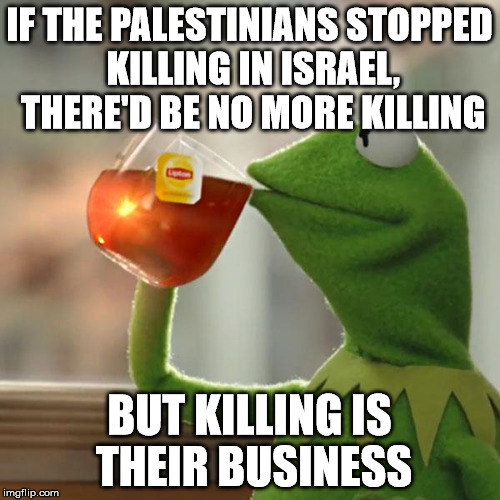 But That's None Of My Business Meme | IF THE PALESTINIANS STOPPED KILLING IN ISRAEL, THERE'D BE NO MORE KILLING BUT KILLING IS THEIR BUSINESS | image tagged in memes,but thats none of my business,kermit the frog | made w/ Imgflip meme maker