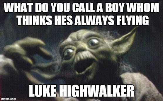 Luke High | WHAT DO YOU CALL A BOY WHOM THINKS HES ALWAYS FLYING LUKE HIGHWALKER | image tagged in yoda joke,yoda | made w/ Imgflip meme maker