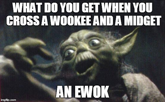 Midget Wookee | WHAT DO YOU GET WHEN YOU CROSS A WOOKEE AND A MIDGET AN EWOK | image tagged in yoda joke,yoda | made w/ Imgflip meme maker