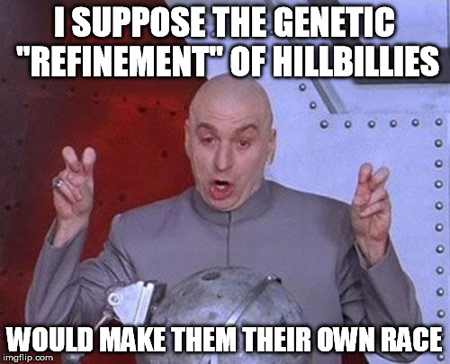 Dr Evil Laser Meme | I SUPPOSE THE GENETIC "REFINEMENT" OF HILLBILLIES WOULD MAKE THEM THEIR OWN RACE | image tagged in memes,dr evil laser | made w/ Imgflip meme maker