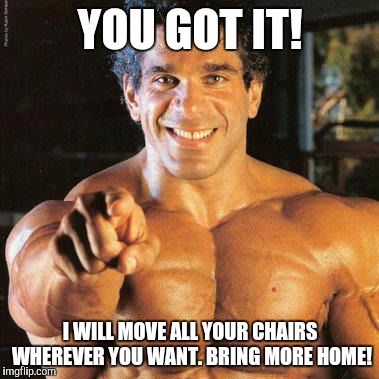 FRANGO Meme | YOU GOT IT! I WILL MOVE ALL YOUR CHAIRS WHEREVER YOU WANT. BRING MORE HOME! | image tagged in memes,frango | made w/ Imgflip meme maker
