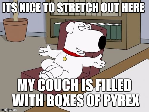 Brian Griffin Meme | ITS NICE TO STRETCH OUT HERE MY COUCH IS FILLED WITH BOXES OF PYREX | image tagged in memes,brian griffin | made w/ Imgflip meme maker