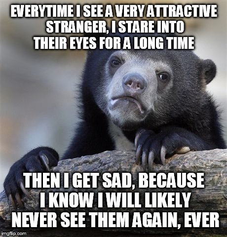 Confession Bear Meme | EVERYTIME I SEE A VERY ATTRACTIVE STRANGER, I STARE INTO THEIR EYES FOR A LONG TIME THEN I GET SAD, BECAUSE I KNOW I WILL LIKELY NEVER SEE T | image tagged in memes,confession bear | made w/ Imgflip meme maker