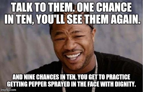 Yo Dawg Heard You Meme | TALK TO THEM. ONE CHANCE IN TEN, YOU'LL SEE THEM AGAIN. AND NINE CHANCES IN TEN, YOU GET TO PRACTICE GETTING PEPPER SPRAYED IN THE FACE WITH | image tagged in memes,yo dawg heard you | made w/ Imgflip meme maker