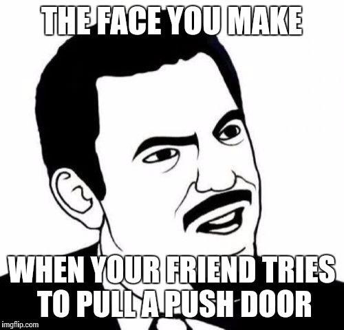 Seriously Face Meme | THE FACE YOU MAKE WHEN YOUR FRIEND TRIES TO PULL A PUSH DOOR | image tagged in memes,seriously face | made w/ Imgflip meme maker