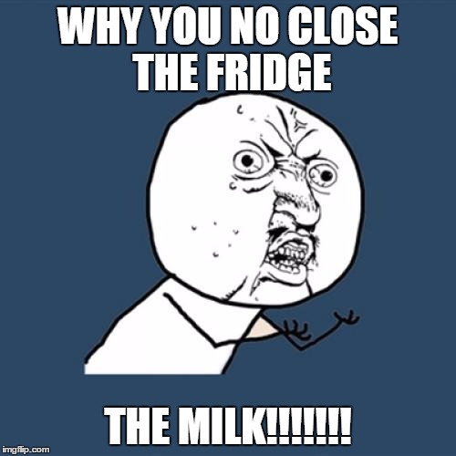 Y U No | WHY YOU NO CLOSE THE FRIDGE THE MILK!!!!!!! | image tagged in memes,y u no | made w/ Imgflip meme maker