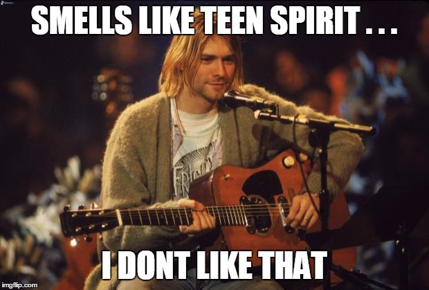 Kurt Cobain | SMELLS LIKE TEEN SPIRIT . . . I DONT LIKE THAT | image tagged in kurt cobain | made w/ Imgflip meme maker