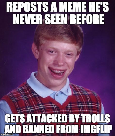 Im sure all noobs have learned this from experience (Without the banning of course) | REPOSTS A MEME HE'S NEVER SEEN BEFORE GETS ATTACKED BY TROLLS AND BANNED FROM IMGFLIP | image tagged in memes,bad luck brian | made w/ Imgflip meme maker