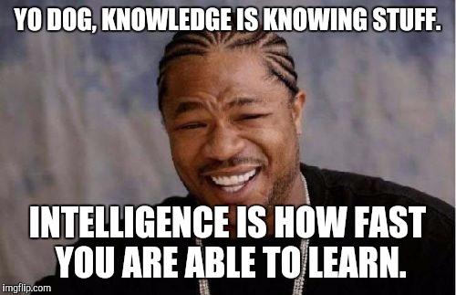 Yo Dawg Heard You Meme | YO DOG, KNOWLEDGE IS KNOWING STUFF. INTELLIGENCE IS HOW FAST YOU ARE ABLE TO LEARN. | image tagged in memes,yo dawg heard you | made w/ Imgflip meme maker