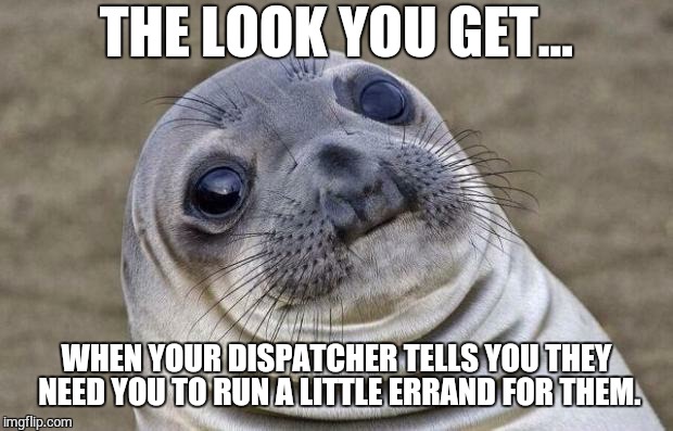 Awkward Moment Sealion | THE LOOK YOU GET... WHEN YOUR DISPATCHER TELLS YOU THEY NEED YOU TO RUN A LITTLE ERRAND FOR THEM. | image tagged in memes,awkward moment sealion | made w/ Imgflip meme maker