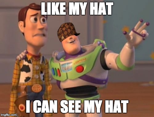 X, X Everywhere Meme | LIKE MY HAT I CAN SEE MY HAT | image tagged in memes,x x everywhere,scumbag | made w/ Imgflip meme maker