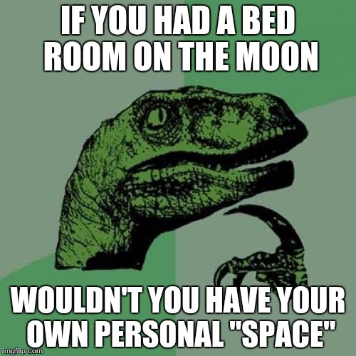 Philosoraptor | IF YOU HAD A BED ROOM ON THE MOON WOULDN'T YOU HAVE YOUR OWN PERSONAL "SPACE" | image tagged in memes,philosoraptor | made w/ Imgflip meme maker
