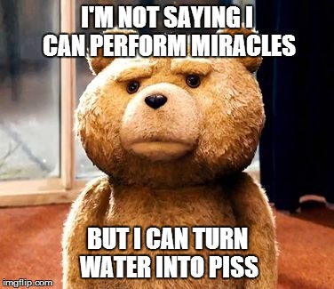 TED Meme | I'M NOT SAYING I CAN PERFORM MIRACLES BUT I CAN TURN WATER INTO PISS | image tagged in memes,ted | made w/ Imgflip meme maker