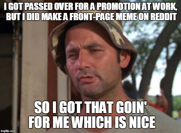 All things considered though, I'd rather have the 33% pay raise. | I GOT PASSED OVER FOR A PROMOTION AT WORK, BUT I DID MAKE A FRONT-PAGE MEME ON REDDIT SO I GOT THAT GOIN' FOR ME WHICH IS NICE | image tagged in memes,so i got that goin for me which is nice | made w/ Imgflip meme maker