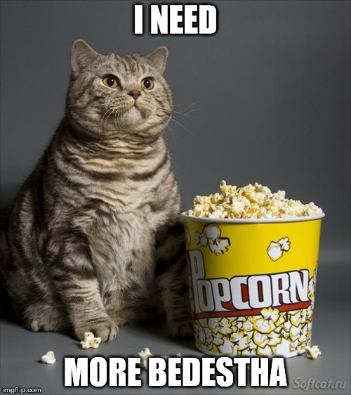Cat eating popcorn | I NEED MORE BEDESTHA | image tagged in cat eating popcorn | made w/ Imgflip meme maker