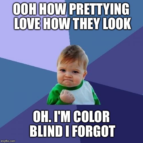 Success Kid | OOH HOW PRETTYING LOVE HOW THEY LOOK OH. I'M COLOR BLIND I FORGOT | image tagged in memes,success kid | made w/ Imgflip meme maker
