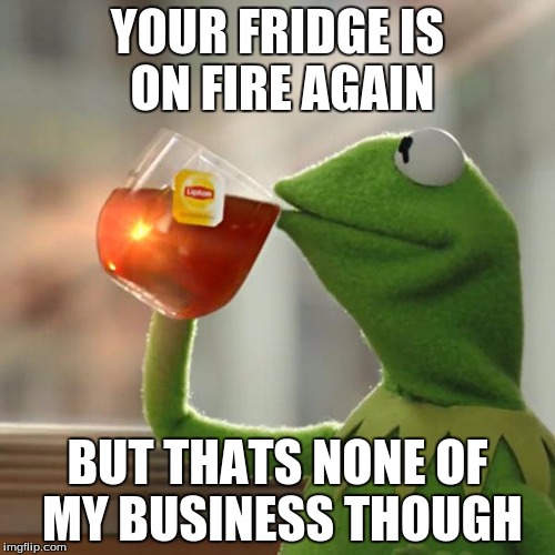 But That's None Of My Business | YOUR FRIDGE IS ON FIRE AGAIN BUT THATS NONE OF MY BUSINESS THOUGH | image tagged in memes,but thats none of my business,kermit the frog | made w/ Imgflip meme maker