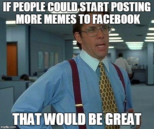 That Would Be Great | IF PEOPLE COULD START POSTING MORE MEMES TO FACEBOOK THAT WOULD BE GREAT | image tagged in memes,that would be great | made w/ Imgflip meme maker