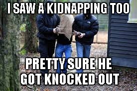 Kidnapping | I SAW A KIDNAPPING TOO PRETTY SURE HE GOT KNOCKED OUT | image tagged in kidnapping | made w/ Imgflip meme maker