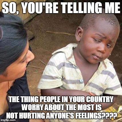 Third World Skeptical Kid | SO, YOU'RE TELLING ME THE THING PEOPLE IN YOUR COUNTRY WORRY ABOUT THE MOST IS NOT HURTING ANYONE'S FEELINGS???? | image tagged in memes,third world skeptical kid | made w/ Imgflip meme maker