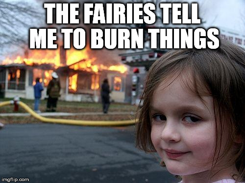 Disaster Girl Meme | THE FAIRIES TELL ME TO BURN THINGS | image tagged in memes,disaster girl | made w/ Imgflip meme maker