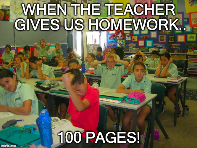 Homework Terror! | WHEN THE TEACHER GIVES US HOMEWORK.. 100 PAGES! | image tagged in memes,homework | made w/ Imgflip meme maker