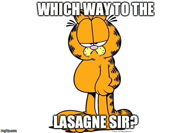 WHICH WAY TO THE LASAGNE SIR? | image tagged in garfield | made w/ Imgflip meme maker