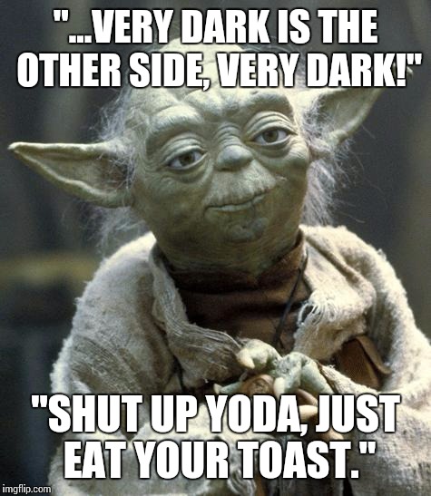 Yoda dark side... | "...VERY DARK IS THE OTHER SIDE, VERY DARK!" "SHUT UP YODA, JUST EAT YOUR TOAST." | image tagged in yoda,toast | made w/ Imgflip meme maker