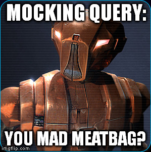 MOCKING QUERY: YOU MAD MEATBAG? | image tagged in star wars,hk-47 mockery | made w/ Imgflip meme maker