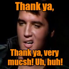 Elvis, thank you | Thank ya, Thank ya, very mucsh! Uh, huh! | image tagged in elvis thank you | made w/ Imgflip meme maker