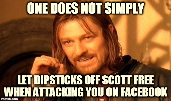 One Does Not Simply | ONE DOES NOT SIMPLY LET DIPSTICKS OFF SCOTT FREE WHEN ATTACKING YOU ON FACEBOOK | image tagged in memes,one does not simply | made w/ Imgflip meme maker