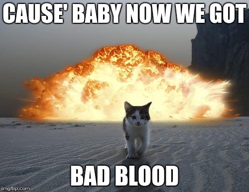 cat explosion | CAUSE' BABY NOW WE GOT BAD BLOOD | image tagged in cat explosion | made w/ Imgflip meme maker