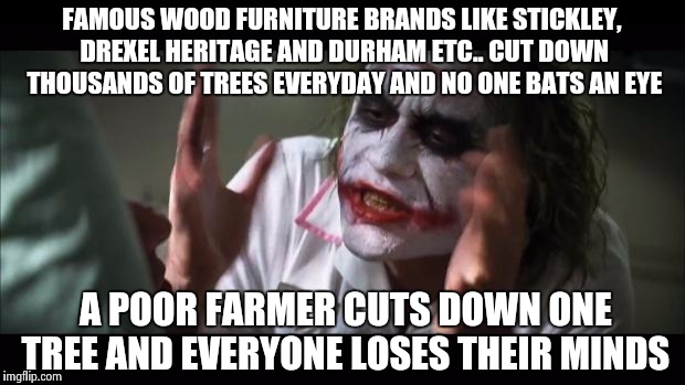 And everybody loses their minds | FAMOUS WOOD FURNITURE BRANDS LIKE STICKLEY, DREXEL HERITAGE AND DURHAM ETC.. CUT DOWN THOUSANDS OF TREES EVERYDAY AND NO ONE BATS AN EYE A P | image tagged in memes,and everybody loses their minds | made w/ Imgflip meme maker