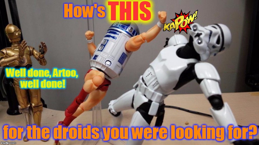Beep boop beep, sucka! | How's for the droids you were looking for? THIS Well done, Artoo, well done! | image tagged in funny memes,star wars,r2d2,these arent the droids you were looking for,katuhisa yamaguchi custom action figures,brawl | made w/ Imgflip meme maker