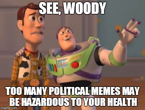 X, X Everywhere Meme | SEE, WOODY TOO MANY POLITICAL MEMES MAY BE HAZARDOUS TO YOUR HEALTH | image tagged in memes,x x everywhere | made w/ Imgflip meme maker