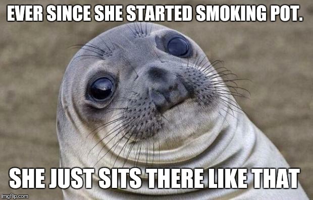 Awkward Moment Sealion | EVER SINCE SHE STARTED SMOKING POT. SHE JUST SITS THERE LIKE THAT | image tagged in memes,awkward moment sealion,too damn high,too funny,so true memes,funny | made w/ Imgflip meme maker