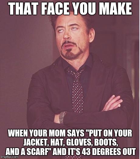 Face You Make Robert Downey Jr | THAT FACE YOU MAKE WHEN YOUR MOM SAYS "PUT ON YOUR JACKET, HAT, GLOVES, BOOTS, AND A SCARF" AND IT'S 43 DEGREES OUT | image tagged in memes,face you make robert downey jr | made w/ Imgflip meme maker