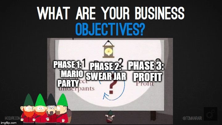 Underpants Gnomes | PHASE 1:     MARIO PARTY PHASE 2: SWEAR JAR PHASE 3:  PROFIT | image tagged in underpants gnomes | made w/ Imgflip meme maker