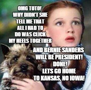 dorothy | OMG TOTO! WHY DIDN'T SHE TELL ME THAT ALL I HAD TO DO WAS CLICK MY HEELS TOGETHER AND BERNIE SANDERS WILL BE PRESIDENT!   DONE! LETS GO HOME | image tagged in dorothy | made w/ Imgflip meme maker